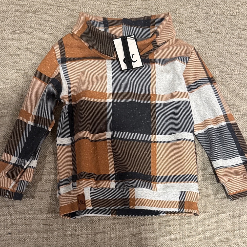 NWT Ampersand Plaid Girls Cowl Neck Sweatshirt in Brown and Gray